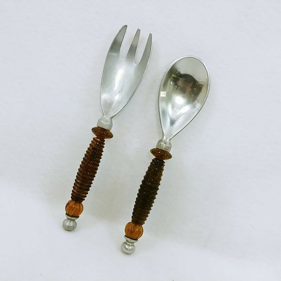Salad Fork Spoon Amber Plastic Handle Glitter Interior Aluminum Ends Retro Vtg - Picture 7 of 9